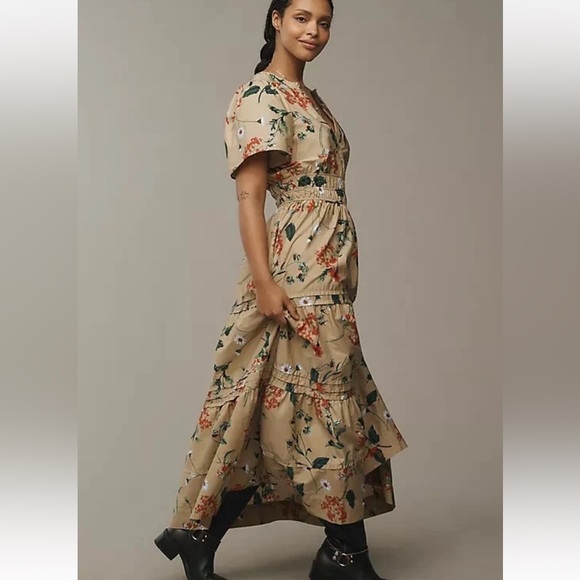 Anthropologie The Somerset Maxi Dress Cotton Tiered XL Khaki Beige Floral Puff - Picture 15 of 16